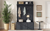 Hall tree with storage desk, entrance desk with drawers and 5 hooks, display rack, dark blue - V.I.P Digital Presence