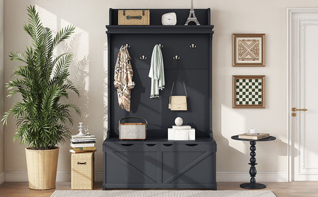 Hall tree with storage desk, entrance desk with drawers and 5 hooks, display rack, dark blue - V.I.P Digital Presence