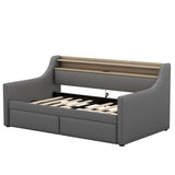 Twin Size Daybed with Storage Drawers, Upholstered Daybed with Charging Station and LED Lights, Gray - V.I.P Digital Presence