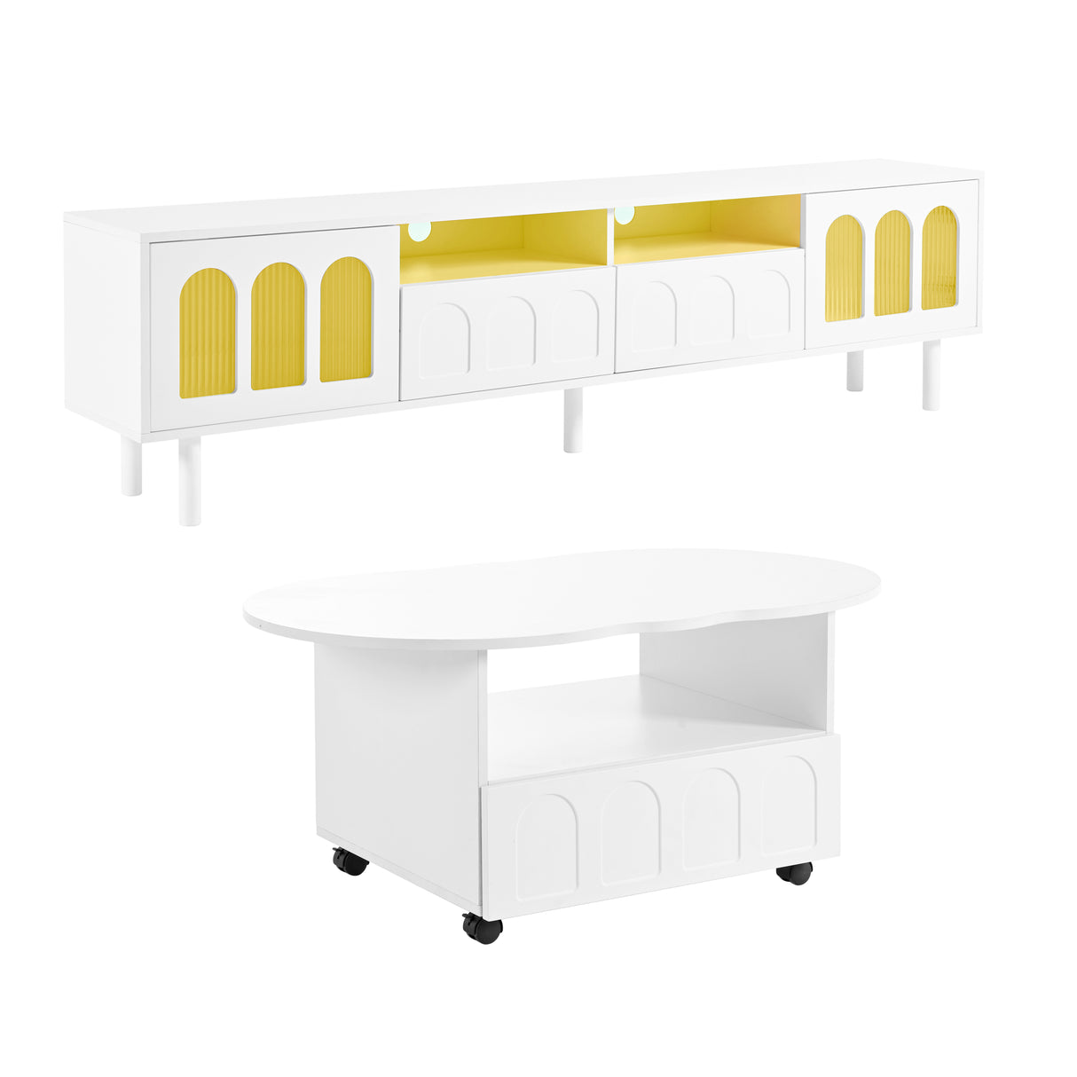 Two sets of ON-TRANS cream style TV stands and coffee tables, suitable for TVs under 80 inches, white - V.I.P Digital Presence