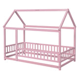 Twin Size Floor Wooden Bed with House Roof Frame, Fence Guardrails,Pink - V.I.P Digital Presence