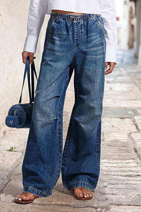 Mid waist wide leg pleated loose jeans women's street retro straight leg pants women - V.I.P Digital Presence