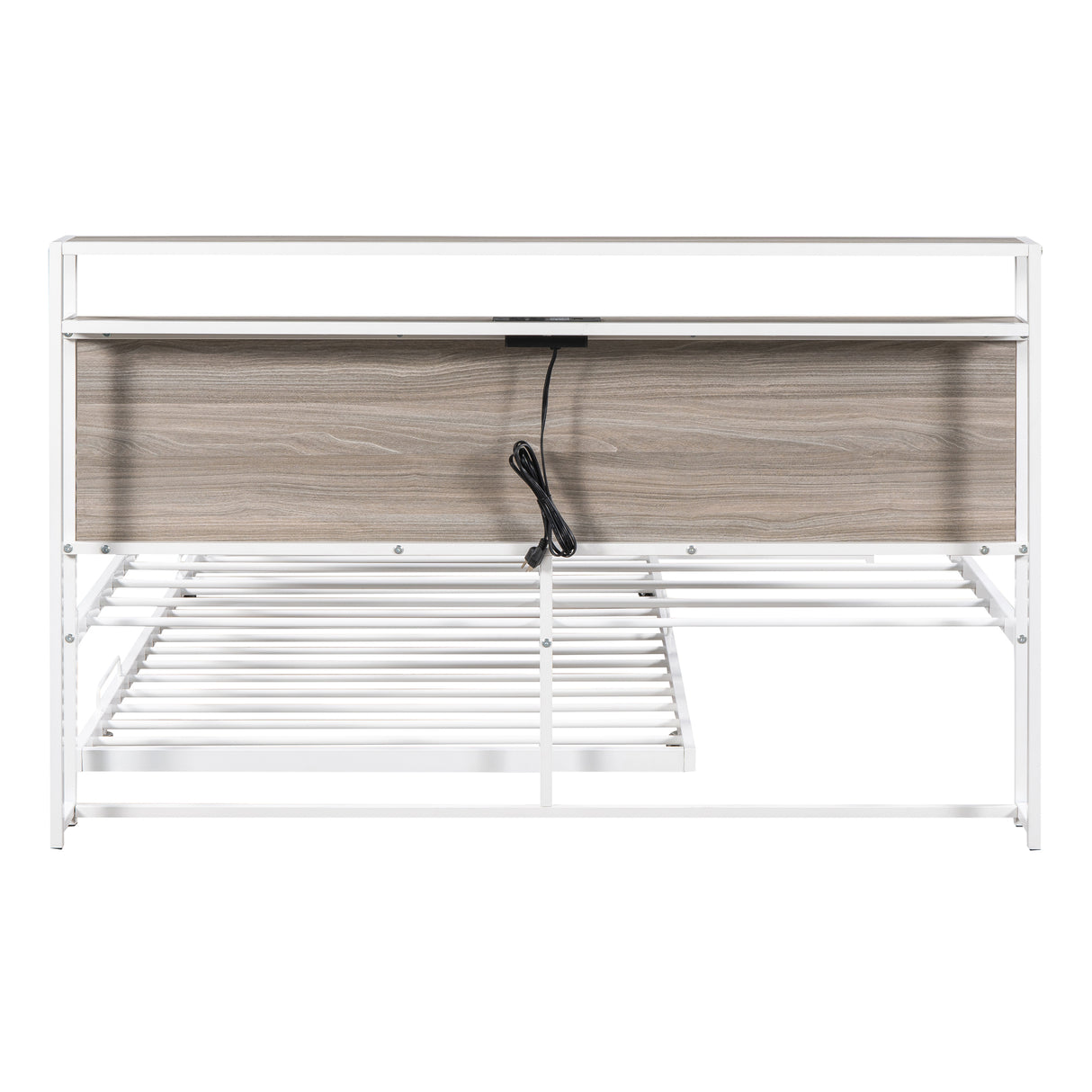 Queen Size Metal Platform Bed Frame with Trundle, USB Ports and Slat Support ,No Box Spring Needed White - V.I.P Digital Presence