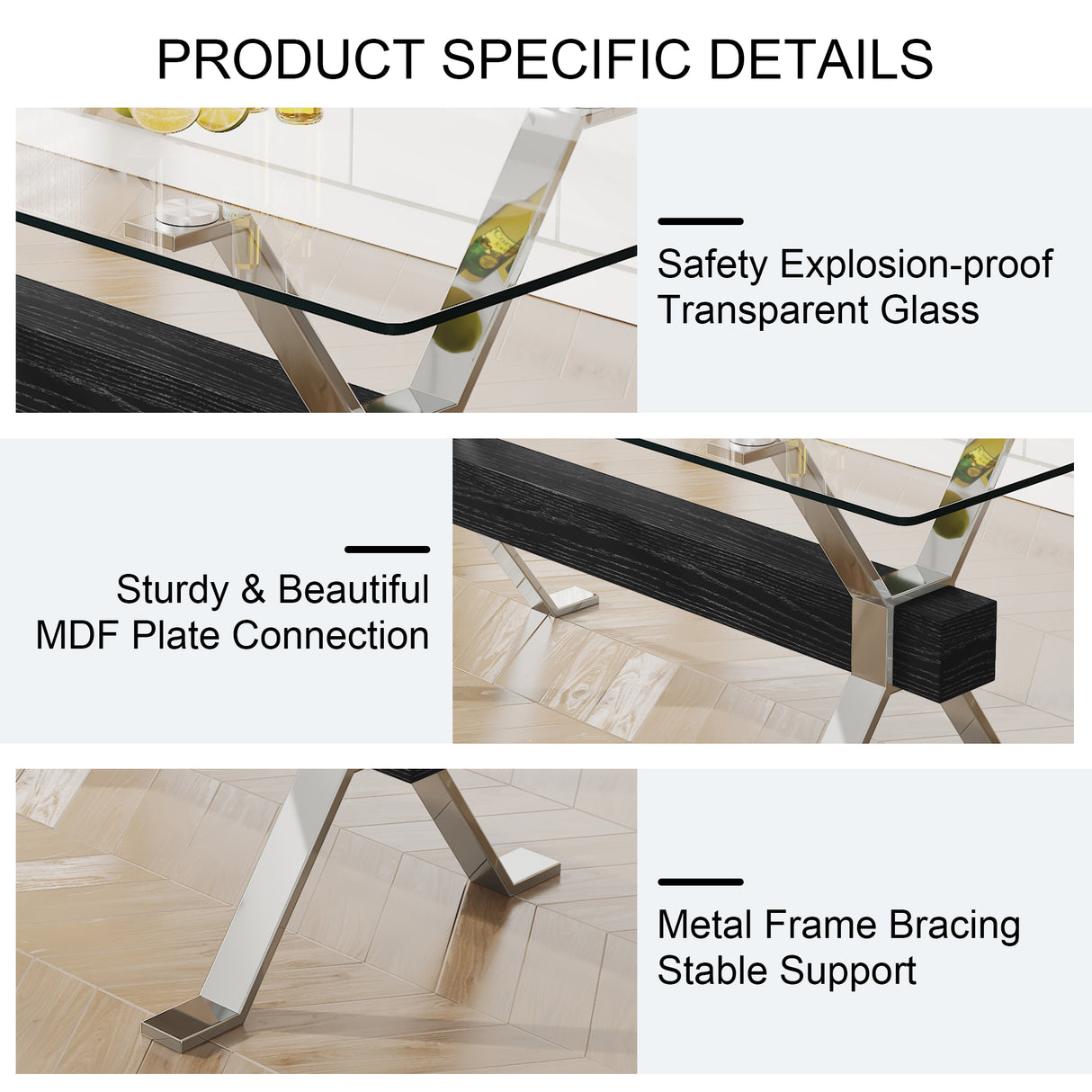 Dining table Modern tempered glass dining table Large modern office desk with silver plated metal legs and MDF crossbars - V.I.P Digital Presence