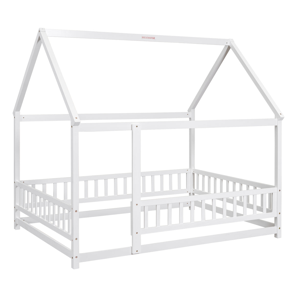 Full Size Floor Wooden Bed with House Roof Frame, Fence Guardrails ,White - V.I.P Digital Presence