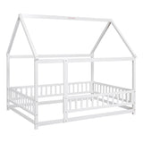 Full Size Floor Wooden Bed with House Roof Frame, Fence Guardrails ,White - V.I.P Digital Presence