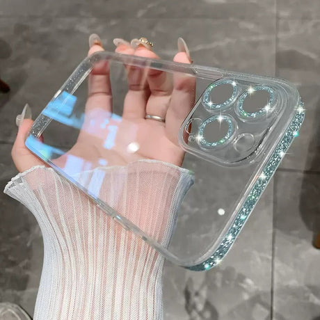 Sparkling pink border phone case transparent and suitable for Apple 14proMax creative mirror 13 glass protective case - V.I.P Digital Presence