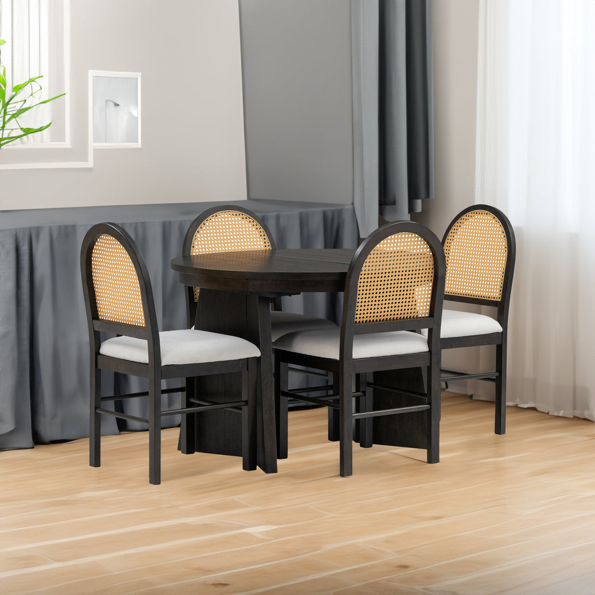 TREXM 5-piece retro functional cutlery set with 1 expandable dining table and 4 cushioned chairs with rattan backrests (espresso - V.I.P Digital Presence