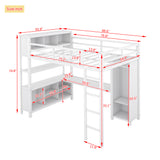 Metal loft bed with wardrobe and L-shaped desk, full-size loft bed with storage cabinet and shelf, white - V.I.P Digital Presence