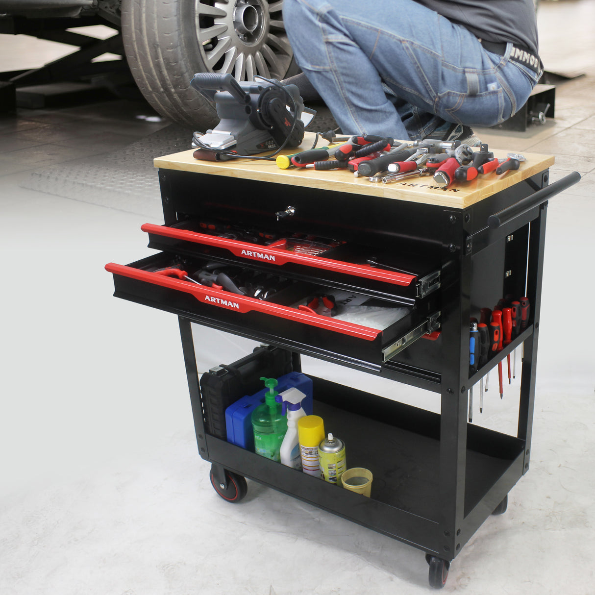 3 DRAWERS MULTIFUNCTIONAL TOOL CART WITH WHEELS AND WOODEN TOP - V.I.P Digital Presence