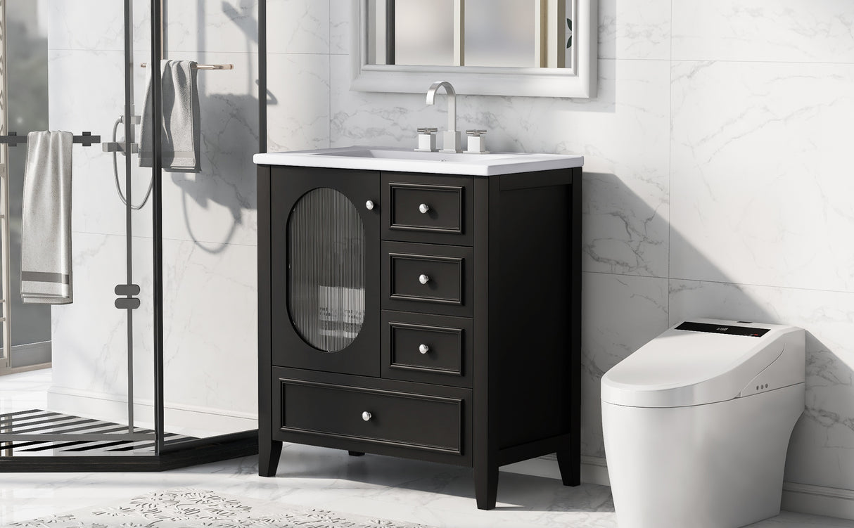 30" Bathroom Vanity with Sink, Bathroom Vanity Cabinet with Three Drawers and Door, Solid Wood and MDF, Black - V.I.P Digital Presence