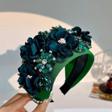 Fashionable solid color fabric flower oversized wide edged crystal headband - V.I.P Digital Presence