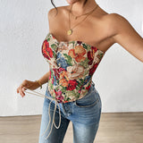 Retro strapless floral print slim fit new lace up chest hugging niche vest - V.I.P Digital Presence