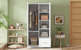 Wooden Wardrobe with Double Doors, Armoire with Hanging Rod, 5 Fixed Shelves, One Storage Drawer,White - V.I.P Digital Presence