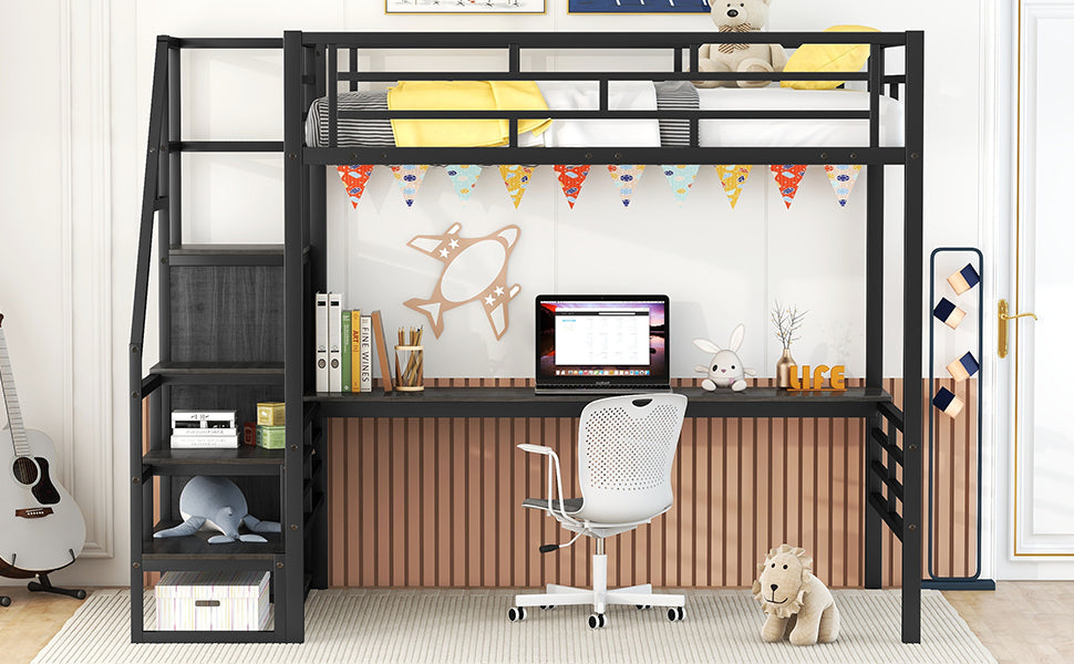 Full Size Metal Loft Bed with Desk, Storage Staircase and Small Wardrobe, Storage stairs can be installed left and right,Black - V.I.P Digital Presence
