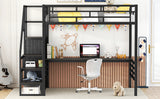 Full Size Metal Loft Bed with Desk, Storage Staircase and Small Wardrobe, Storage stairs can be installed left and right,Black - V.I.P Digital Presence