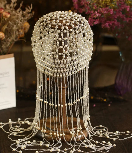 Handmade hollowed out headpiece performance pearl tassel hat - V.I.P Digital Presence
