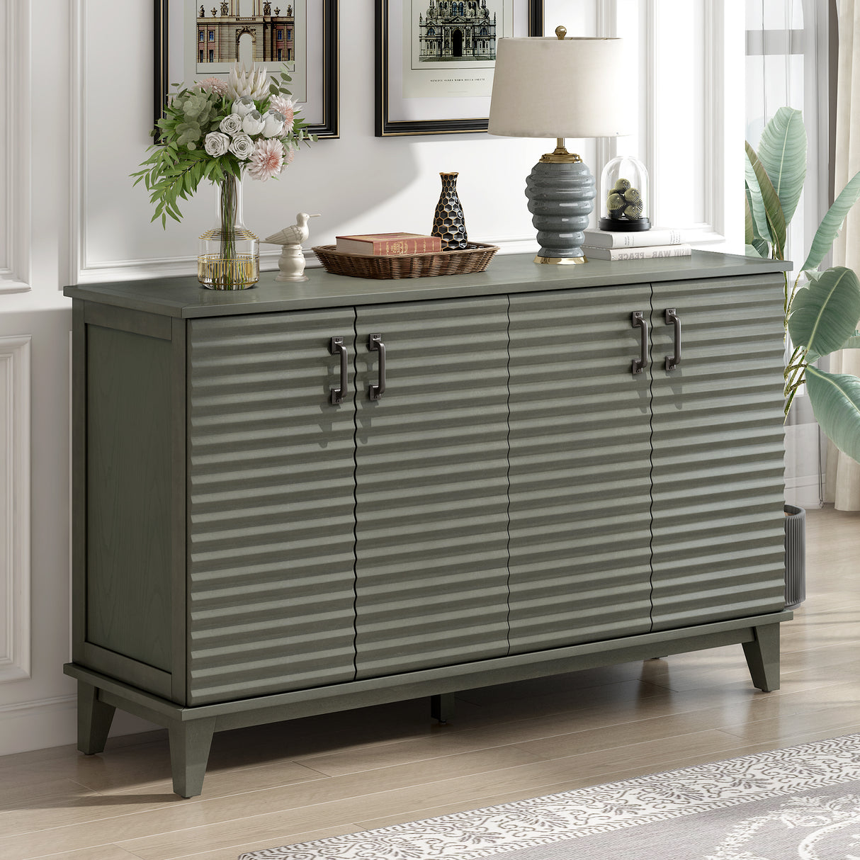 TREXM side panel with 4-door large storage buffet, adjustable shelves and metal handles (antique gray) - V.I.P Digital Presence