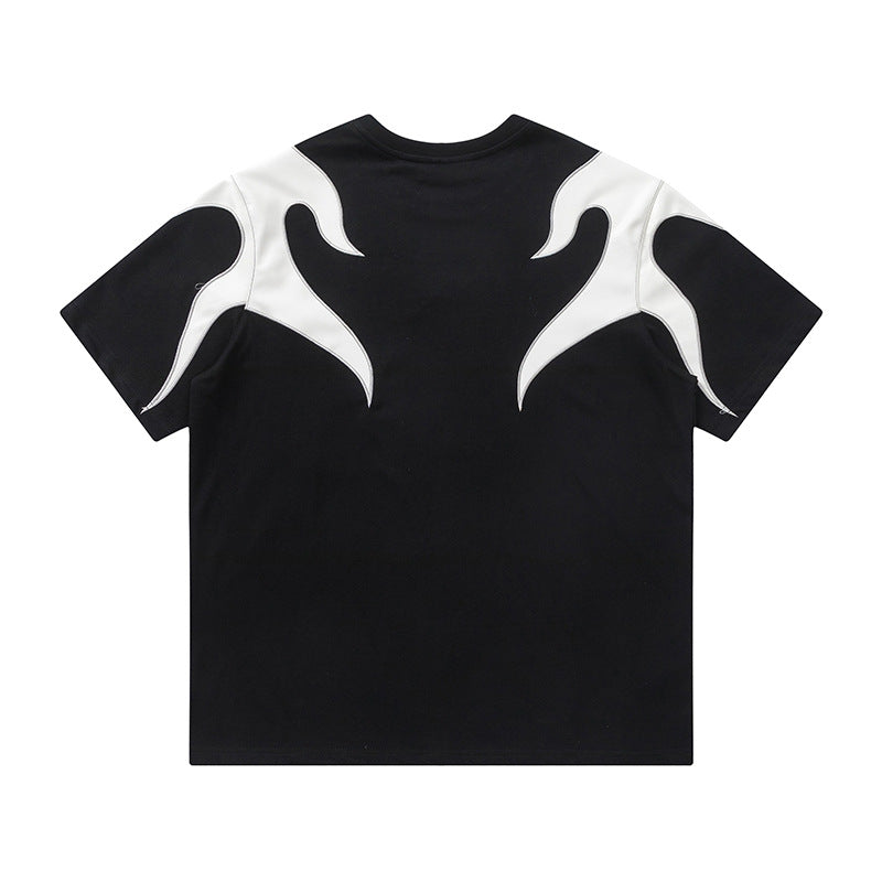 Color Block Applique Embroidery Flame Short Sleeve T-Shirt High Street Design Creative Abstract Casual Tee Men - V.I.P Digital Presence