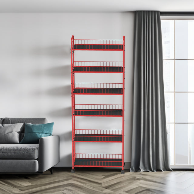 Red 6-story ultra-thin rolling storage cart, mobile shelves with wheels, metal wire storage rack with baskets - V.I.P Digital Presence