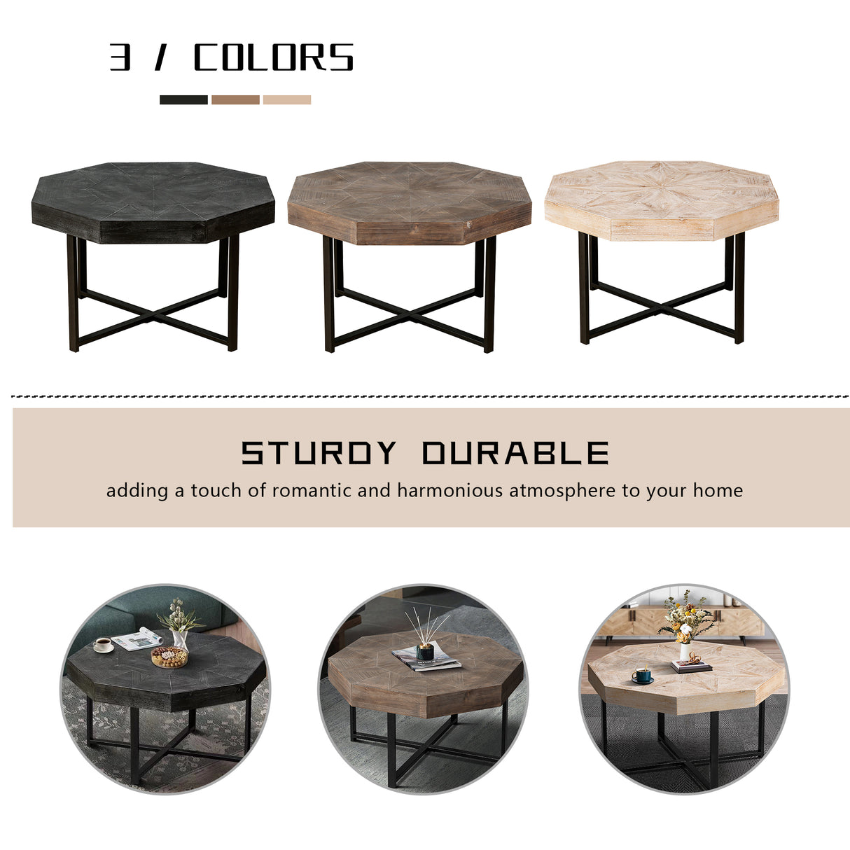 Wooden octagonal retro patchwork craft 30 inch wooden tabletop cross metal leg coffee table (antique brown) - V.I.P Digital Presence