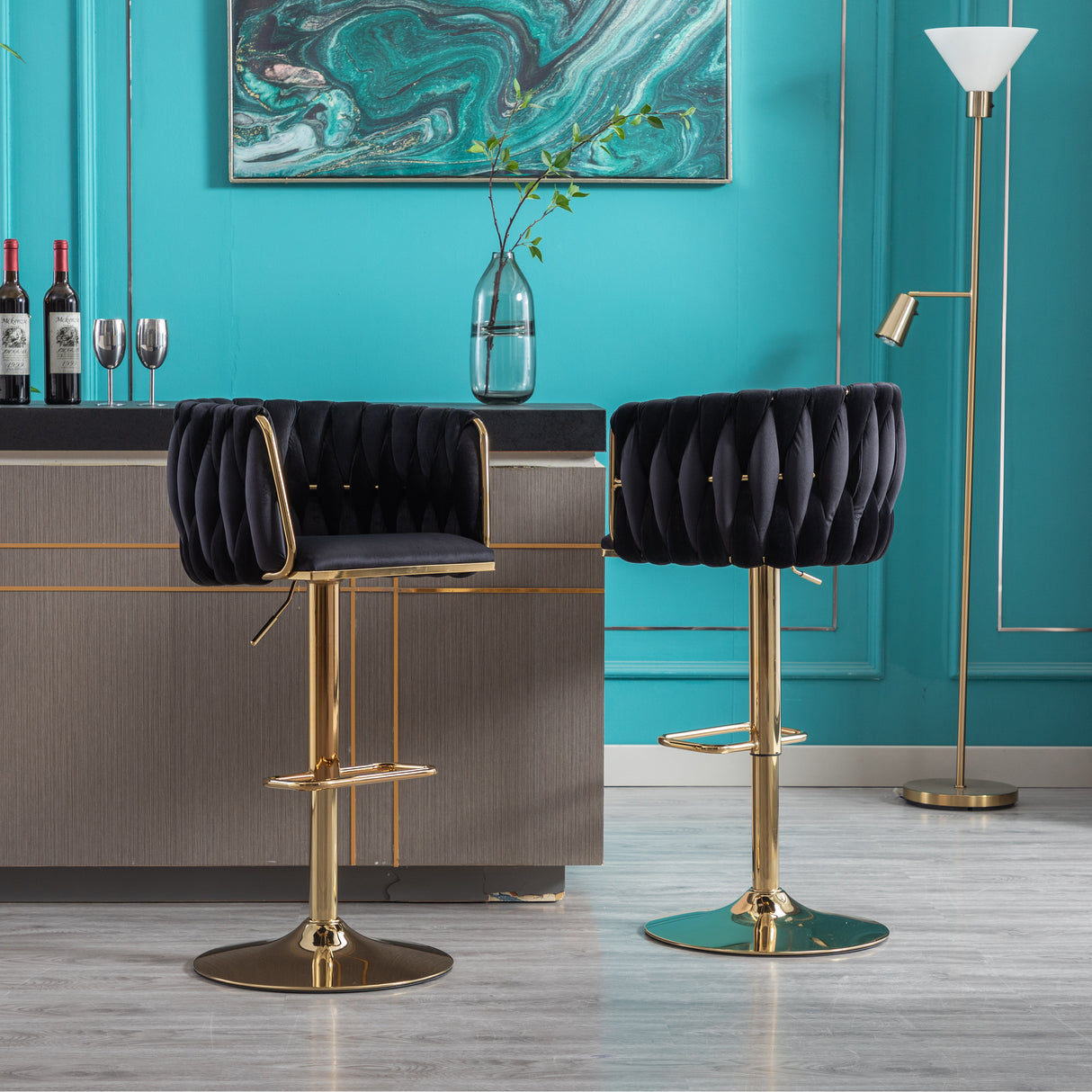 Set of 2 Bar Stools with Chrome Footrest and Base Swivel Height  Velvet + Golden Leg Simple Bar Stool-Black