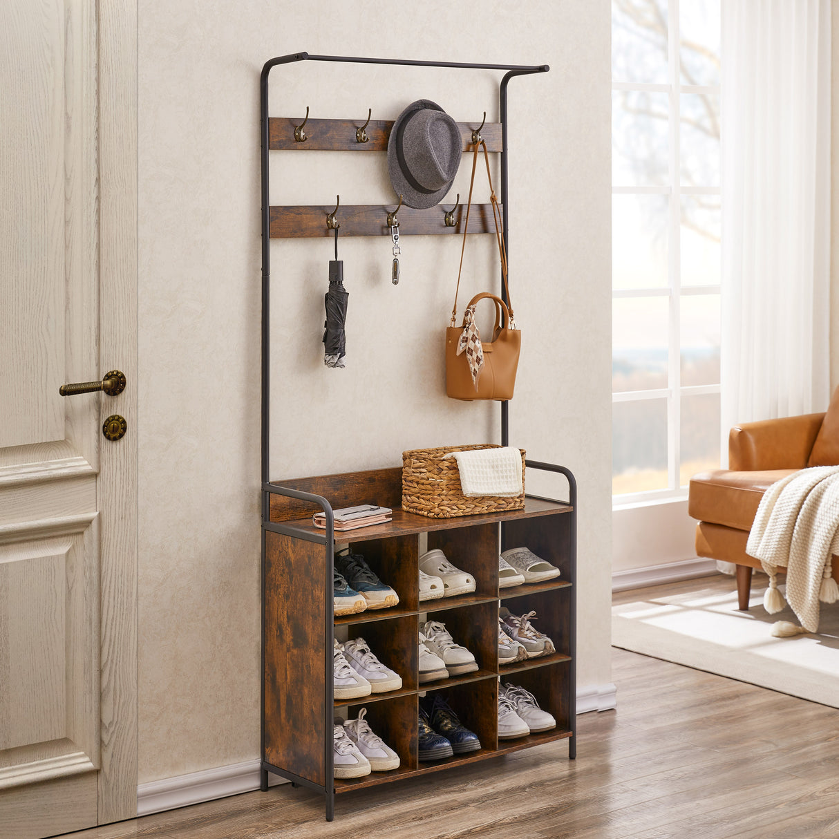 Coat Rack, Hall Tree with Shoe Rack for Entryway, 3-in-1 Entryway Coat Rack and Storage Rack, with 7 Hooks, a Hanging Rod - V.I.P Digital Presence