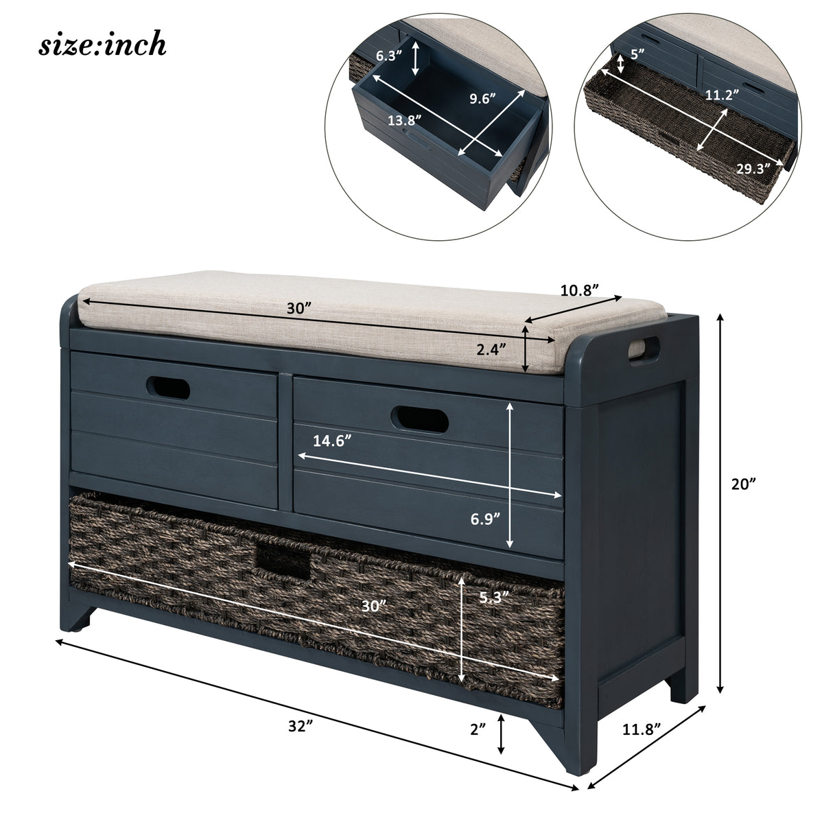 TREXM Storage Bench with Removable Basket and 2 Drawers, Fully Assembled Shoe Bench with Removable Cushion (Navy) - V.I.P Digital Presence