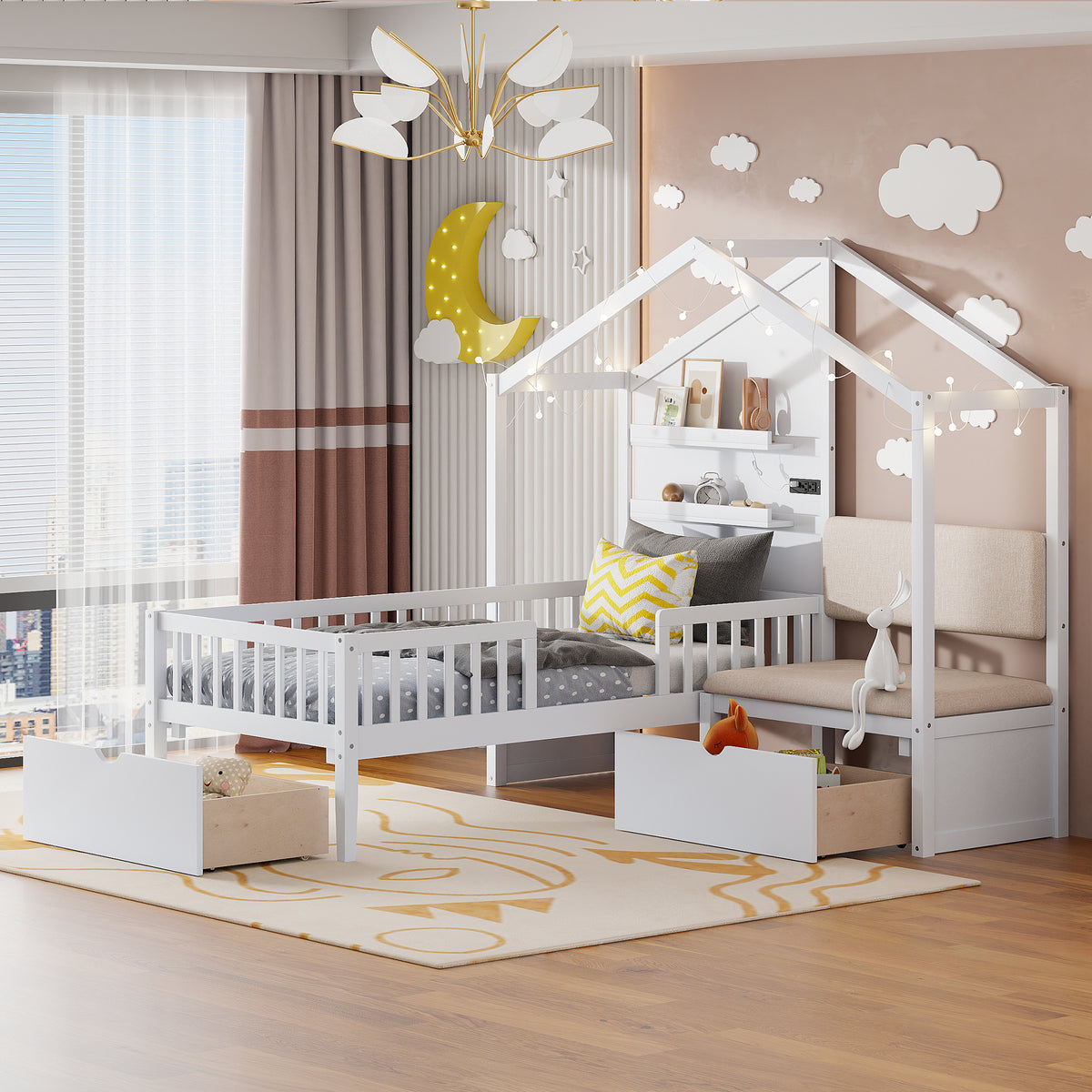 Twin Size House Bed with Upholstered Sofa, House Bed with Charging Station, Wireless Charging, Shelves and Two Drawers, White - V.I.P Digital Presence