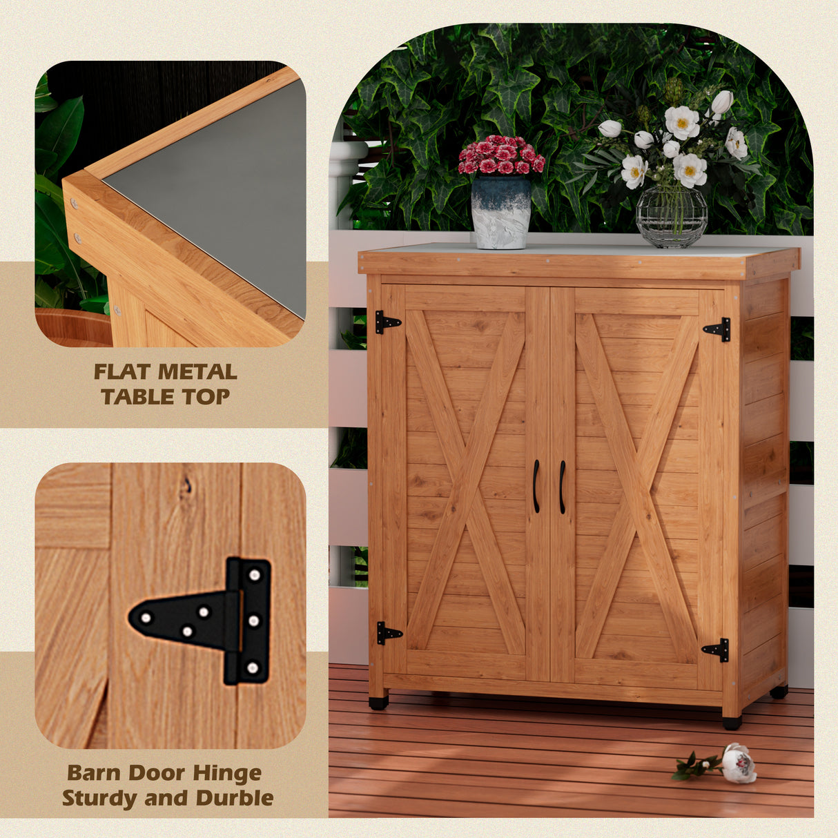 Potting Bench with Storage Cabinet and Metal Table Top for Outdoor Patio,Outdoor Work Station Table - V.I.P Digital Presence