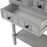TREXM Narrow Console Desk, Thin Sofa Table with Three Storage Drawers and Living Room Bottom Shelves (Grey Washed) - V.I.P Digital Presence