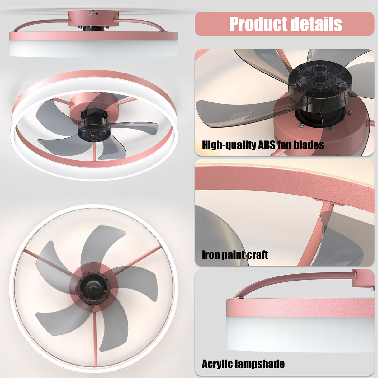 Ceiling Fans with Lights Dimmable LED Embedded installation of thin modern ceiling fans(Pink) - V.I.P Digital Presence