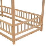 Twin Size Floor Wooden Bed with House Roof Frame, Fence Guardrails - V.I.P Digital Presence