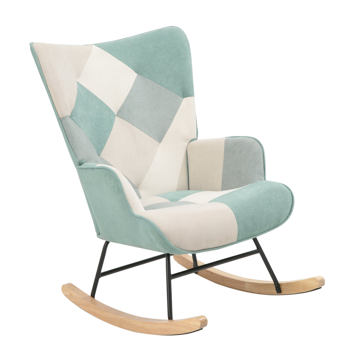 Rocking Chair with ottoman, Mid Century Fabric Rocker Chair with Wood Legs and Patchwork Linen for Livingroom Bedroom - V.I.P Digital Presence