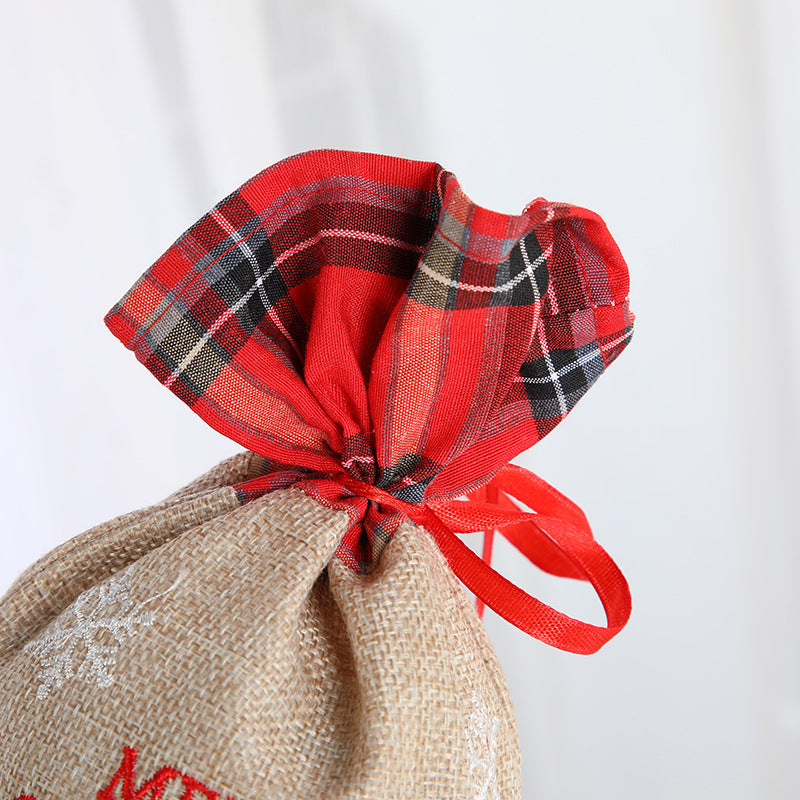 Christmas gift bag, letter printed Santa Claus home decoration, plaid linen red wine set - V.I.P Digital Presence