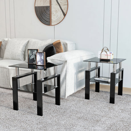 Set of 2, Modern Tempered Glass Tea Table Coffee Table End Table, Square Table for Living Room, Black - V.I.P Digital Presence