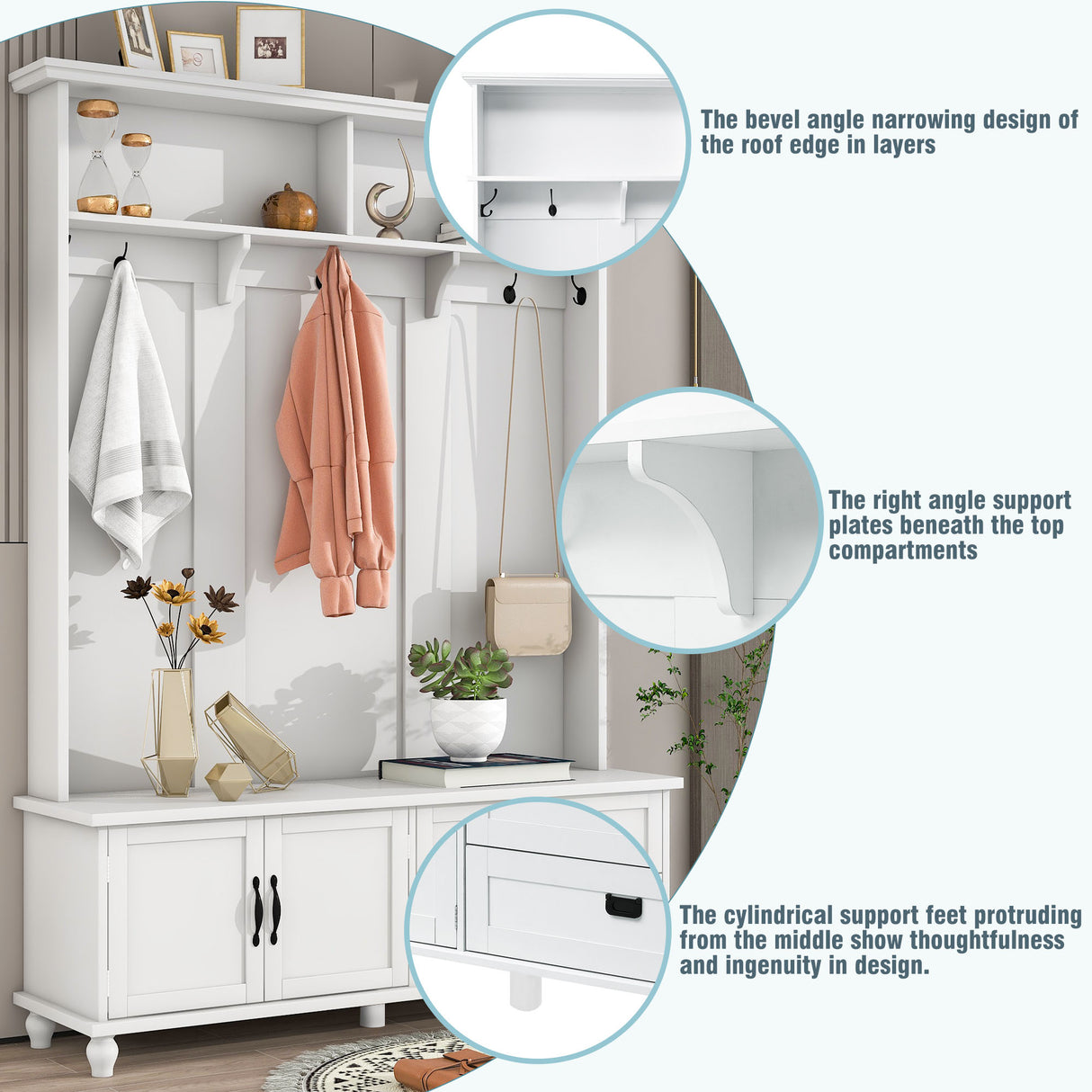 ON-TREND Modern Style Hall Tree with Storage Cabinet and 2 Large Drawers, Widen Mudroom Bench with 5 Coat Hooks, White - V.I.P Digital Presence
