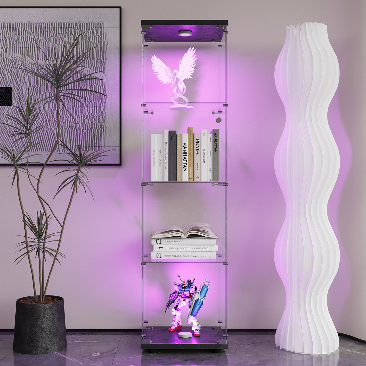 4 LED light glass display cabinets with door shelves, floor standing antique bookshelf, 64.7 "* 16.7" * 14.3 ", black - V.I.P Digital Presence