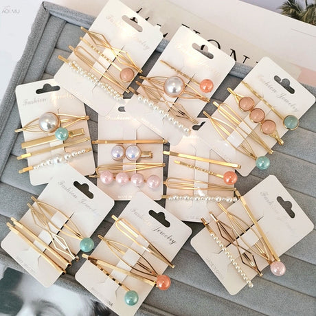 4PCS Korea Fashion Metal Hairpins Imitiation Pearl Colorful Beads Hair Clips for Women Irregular Geometric Hair Accessories - V.I.P Digital Presence