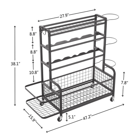 Four layer metal storage rack, large ball storage rack with rollers, baskets, and hooks - V.I.P Digital Presence