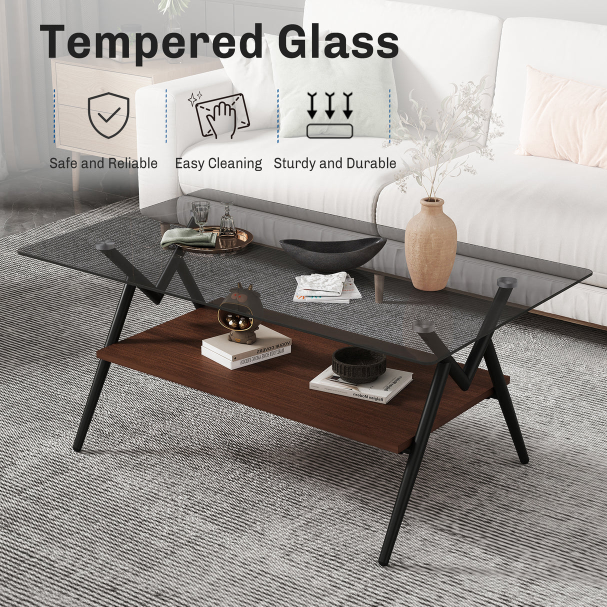 Rectangle Coffee Table with Tempered Glass top and Brown MDF Shelf, Modern Table for Living Room, Gray Glass - V.I.P Digital Presence