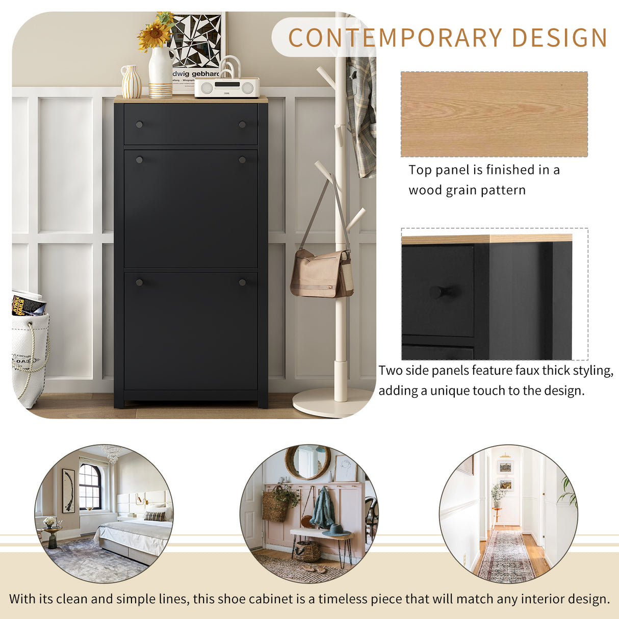 ONTREND with 2 flip drawers, top shoe cabinet with drawers, independent shoe rack with adjustable panel, for hallway use, black - V.I.P Digital Presence