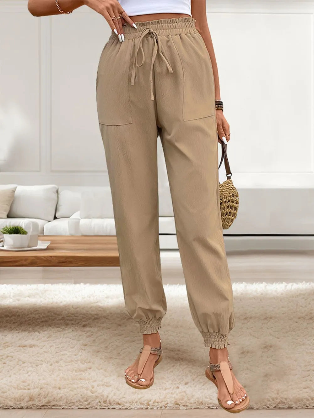 Tied Elastic Waist Pants with Pockets - V.I.P Digital Presence