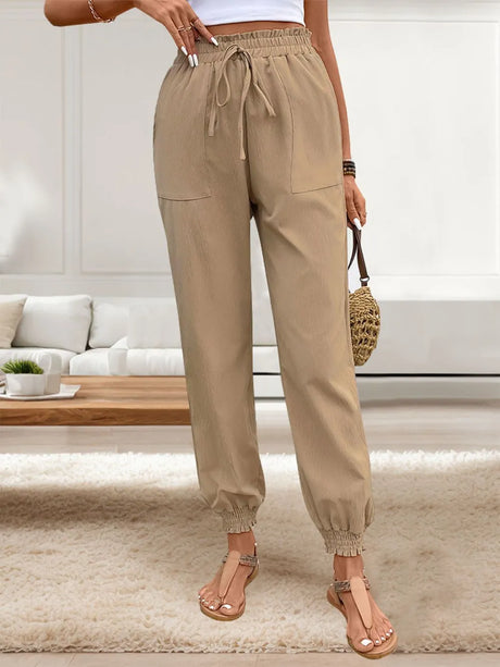 Tied Elastic Waist Pants with Pockets - V.I.P Digital Presence
