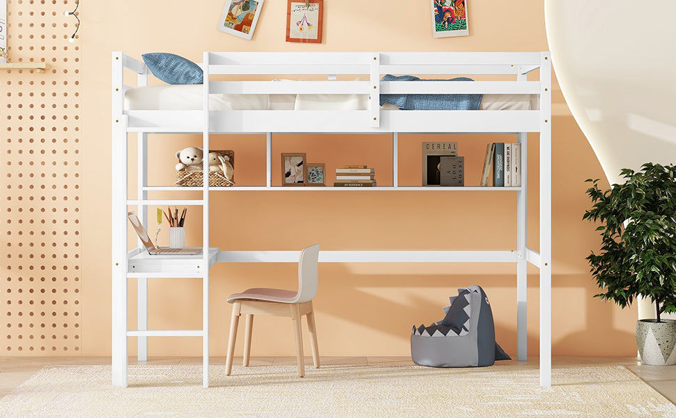 Twin Loft Bed with built-in desk and bookcase of three compartments, Guardrails and Ladder,White - V.I.P Digital Presence