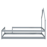 Twin Size Wood bed with House-shaped Headboard Floor bed with Fences,Grey - V.I.P Digital Presence