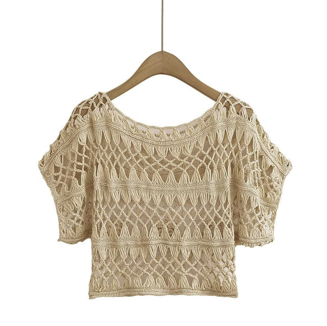 Fashionable and Sexy  Style Women's Round Neck Crochet Top with Loose Fit - V.I.P Digital Presence