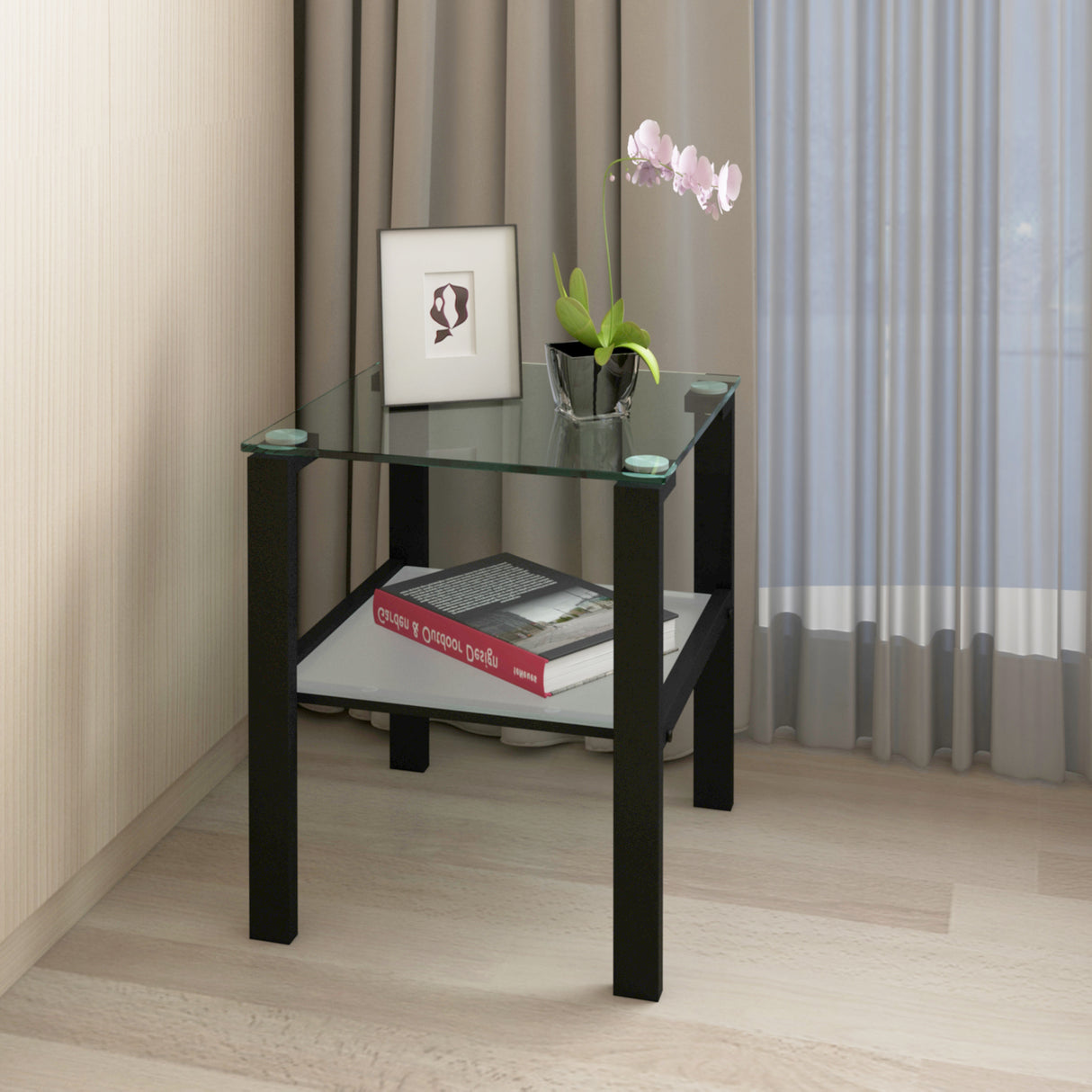 Glass two layer tea table, small round table, bedroom corner table, living room black side table - V.I.P Digital Presence