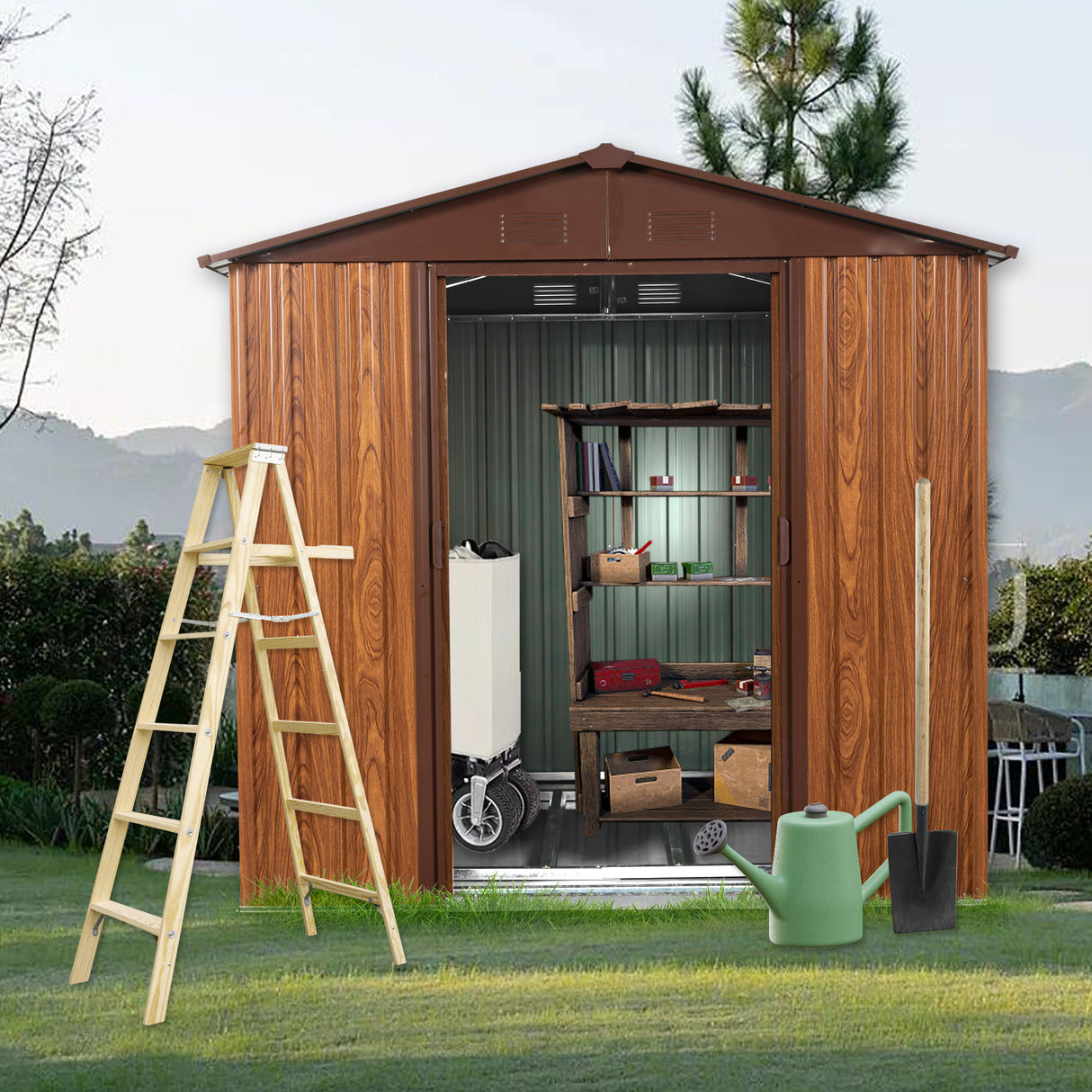 6ft x 6ft Outdoor Metal Storage Shed with Metal Floor Base ,With window - V.I.P Digital Presence