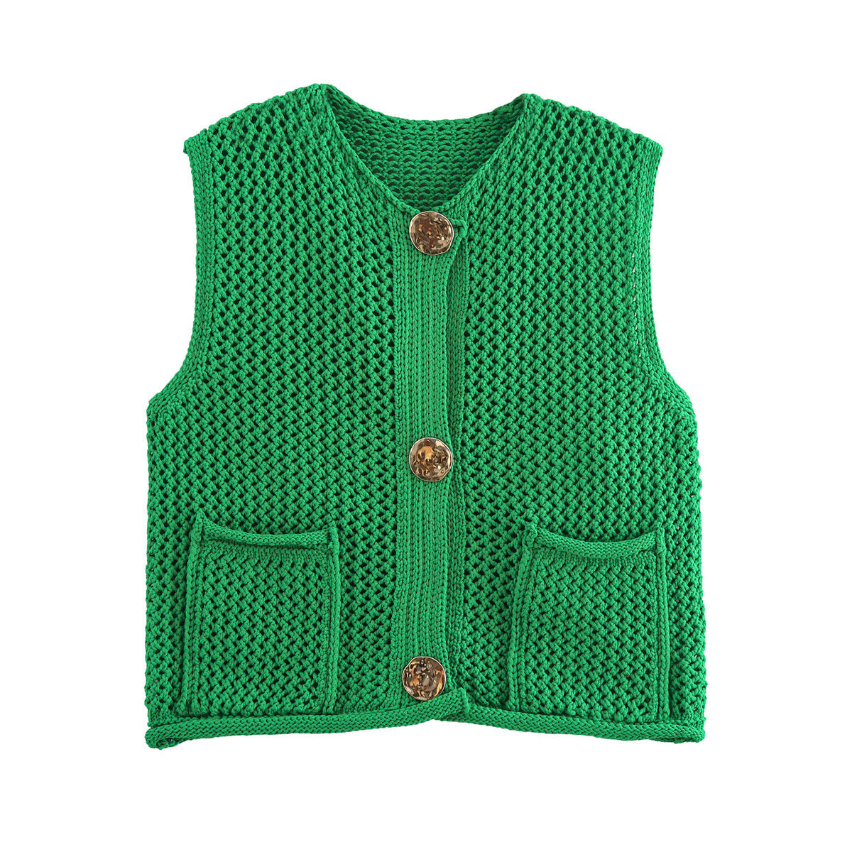 Street Fashion Crochet Hollow Vest Solid Color Versatile Round Neck Jacket - V.I.P Digital Presence